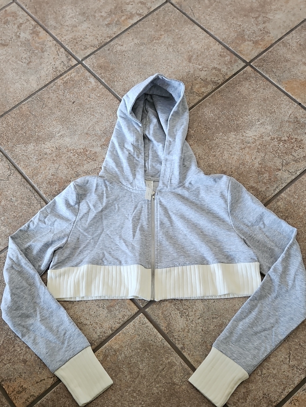 May Pink Cropped Light Gray Hooded Zip Jacket with White Pleated Trim